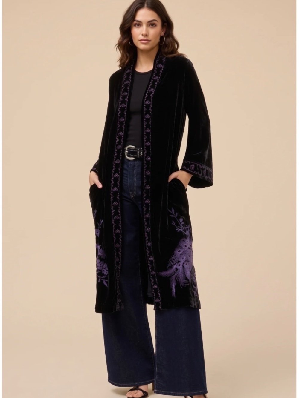 Johnny Was JWLA Embroidered Molly Long Black Velvet Kimono Coat Large